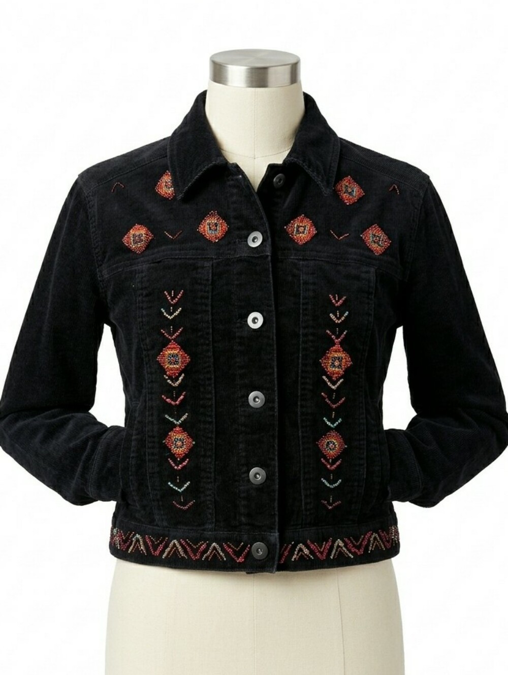 Vintage Carole Little Southwest Black Corduroy Beaded Jacket Western Trucker 4P